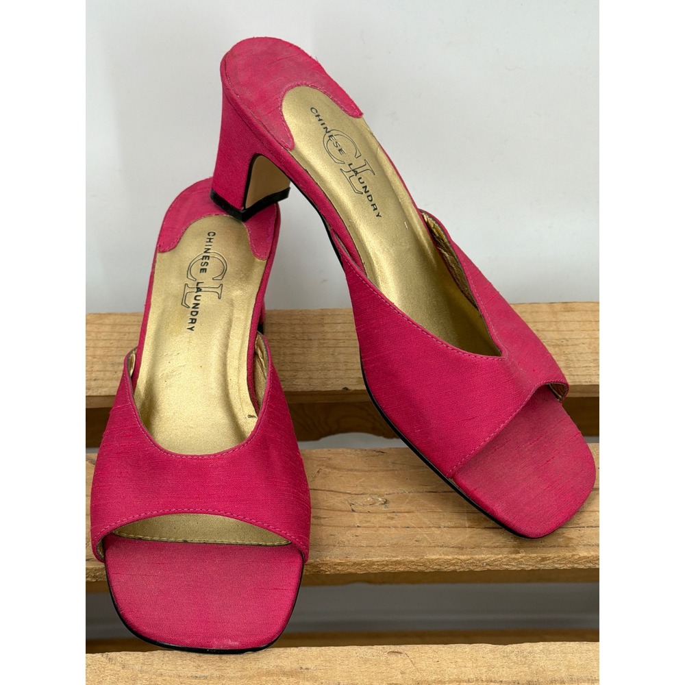 Chinese Laundry Joyfull Fuchsia Pink Fabric Block Mules Square Toe Sandals‎ 7.5